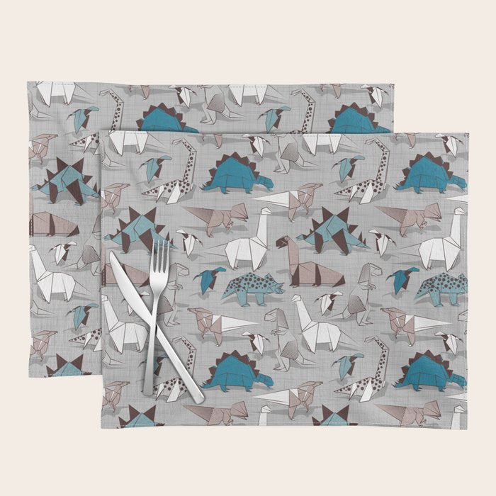Origami dino friends // grey linen texture blue dinosaurs Placemat Gallery Image 1