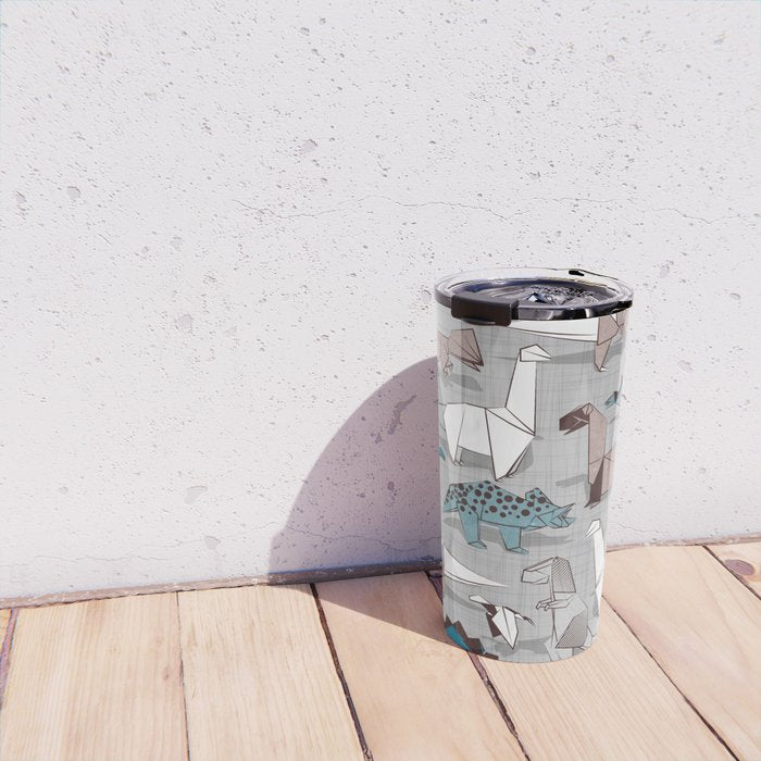 Origami dino friends // grey linen texture blue dinosaurs Travel Mug Gallery Image 4