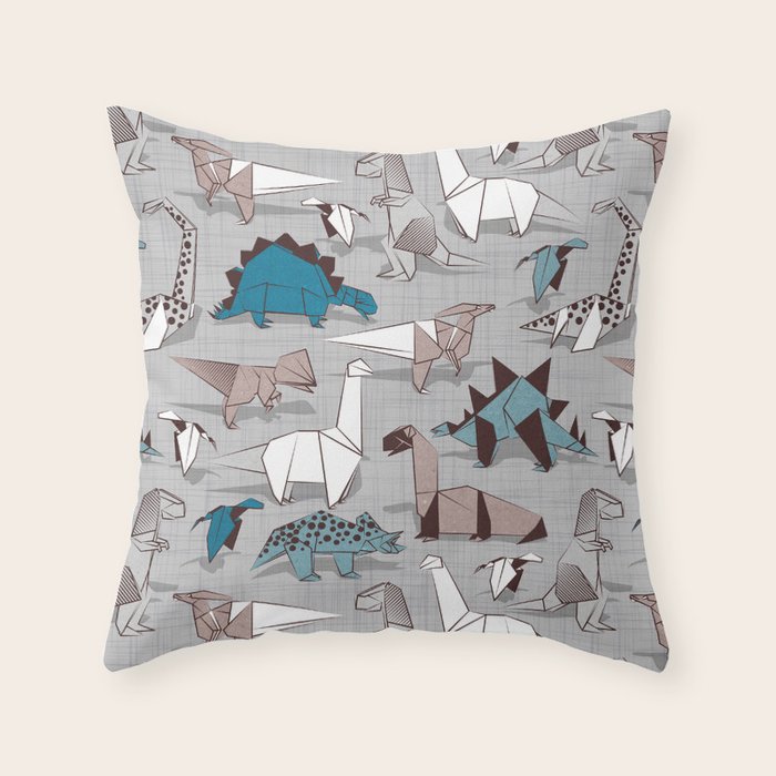 Origami dino friends // grey linen texture blue dinosaurs Throw Pillow Gallery Image 1