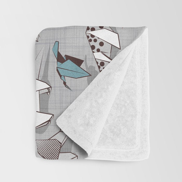 Origami dino friends // grey linen texture blue dinosaurs Throw Blanket Gallery Image 3