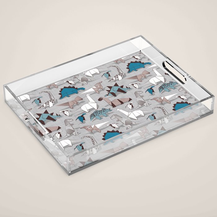 Origami dino friends // grey linen texture blue dinosaurs Acrylic Tray Gallery Image 1
