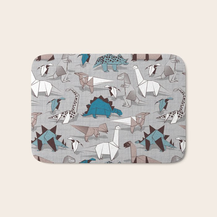 Origami dino friends // grey linen texture blue dinosaurs Bath Mat