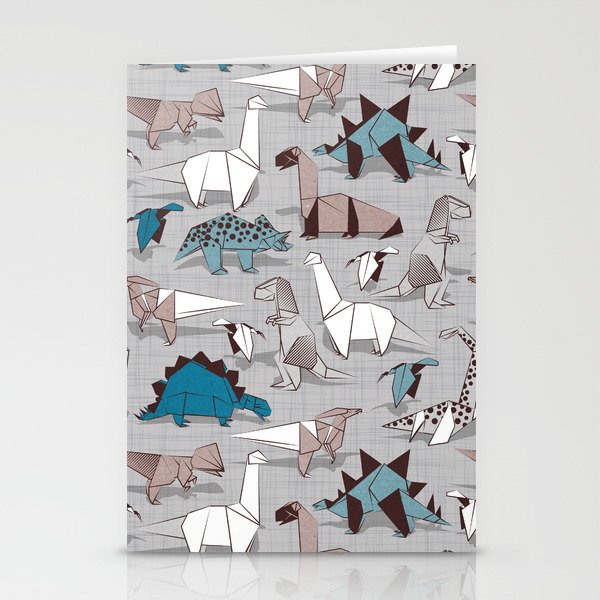 Origami dino friends // grey linen texture blue dinosaurs Stationery Card Gallery Image 2