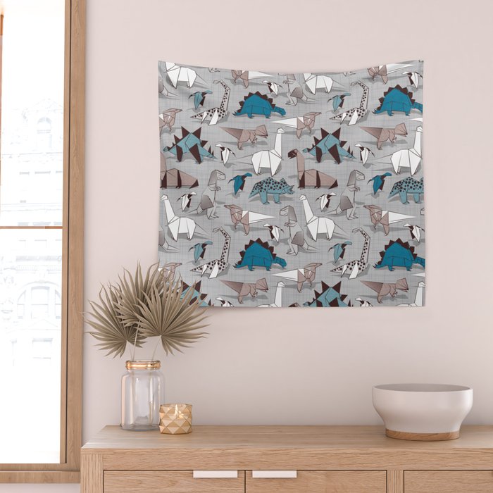 Origami dino friends // grey linen texture blue dinosaurs Wall Tapestry Gallery Image 2