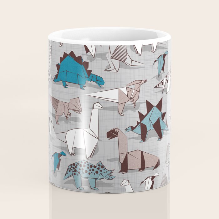 Origami dino friends // grey linen texture blue dinosaurs Coffee Mug Gallery Image 4