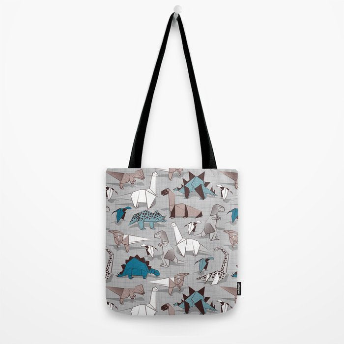 Origami dino friends // grey linen texture blue dinosaurs Tote Bag Gallery Image 2