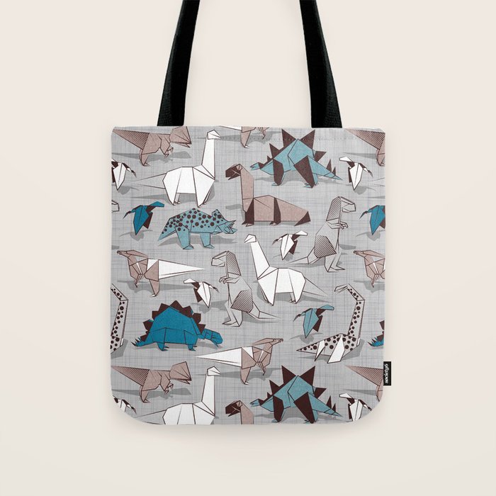 Origami dino friends // grey linen texture blue dinosaurs Tote Bag Gallery Image 1