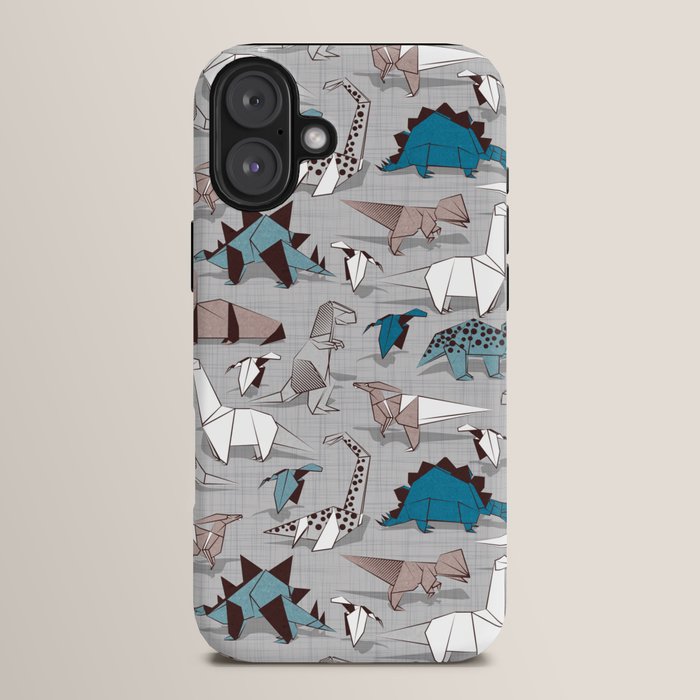 Origami dino friends // grey linen texture blue dinosaurs iPhone Case Gallery Image 14