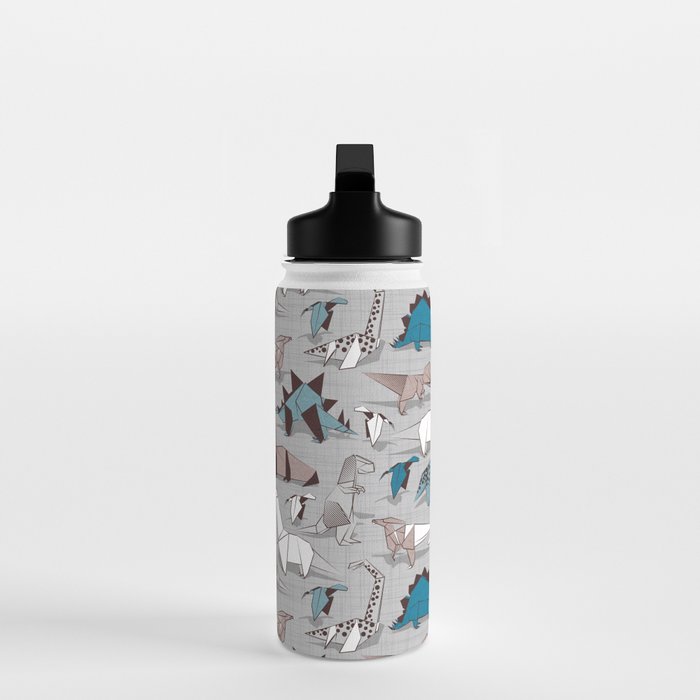 Origami dino friends // grey linen texture blue dinosaurs Water Bottle Gallery Image 3
