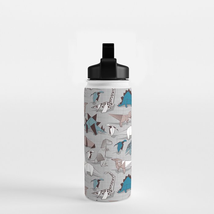 Origami dino friends // grey linen texture blue dinosaurs Water Bottle Gallery Image 2