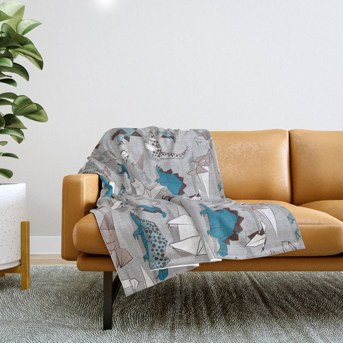 Origami dino friends // grey linen texture blue dinosaurs Throw Blanket Gallery Image 1