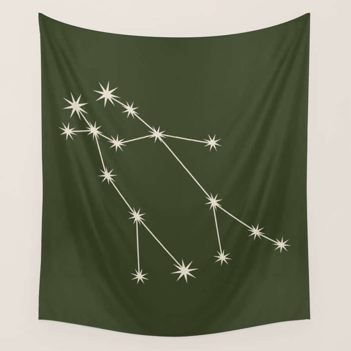 Gemini Zodiac Star Constellation Line Art Moss Green Wall Tapestry Gallery Image 4