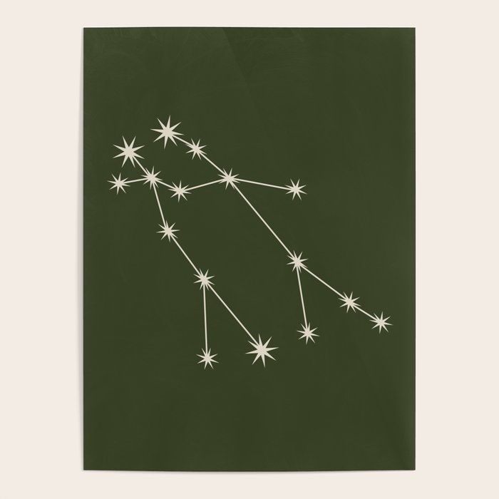 Gemini Zodiac Star Constellation Line Art Moss Green Poster Gallery Image 1
