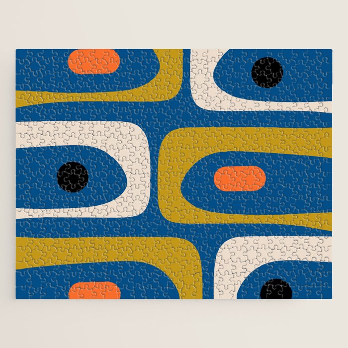 Mid Century Modern Minimalist Abstract Retro Piquet Pattern in Vintage Blue Mustard Orange Jigsaw Puzzle