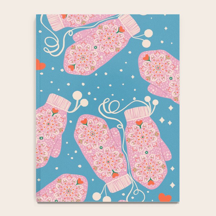 Pink Snowflake Mittens and Hearts on Blue Winter Pattern Notebook Gallery Image 4