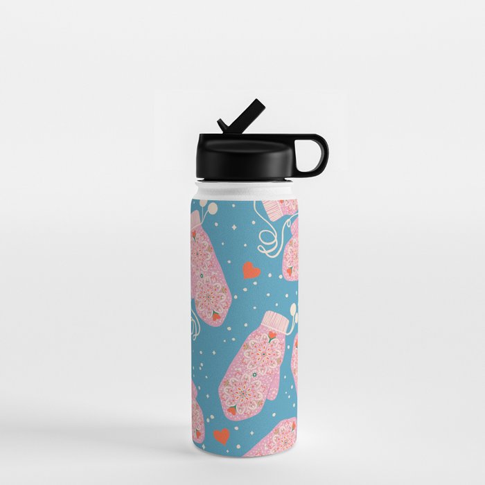 Pink Snowflake Mittens and Hearts on Blue Winter Pattern Water Bottle Gallery Image 1