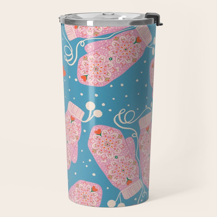 Pink Snowflake Mittens and Hearts on Blue Winter Pattern Travel Mug Gallery Image 2