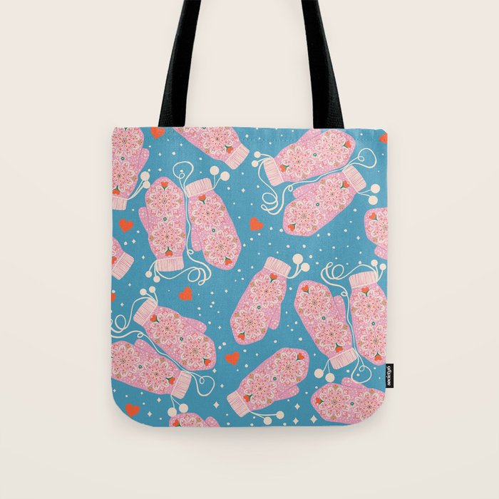 Pink Snowflake Mittens and Hearts on Blue Winter Pattern Tote Bag Gallery Image 1