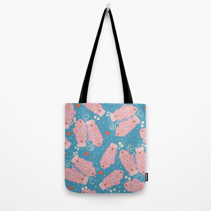 Pink Snowflake Mittens and Hearts on Blue Winter Pattern Tote Bag Gallery Image 2