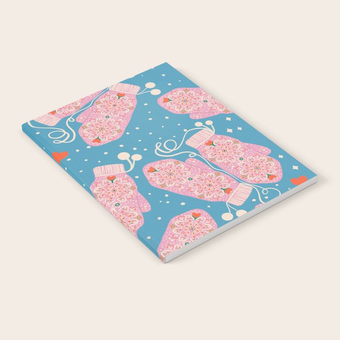 Pink Snowflake Mittens and Hearts on Blue Winter Pattern Notebook