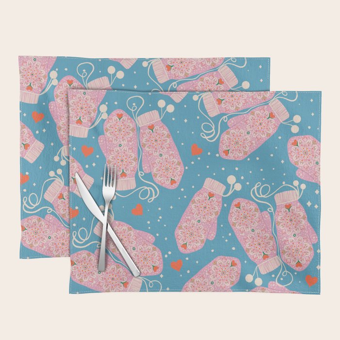 Pink Snowflake Mittens and Hearts on Blue Winter Pattern Placemat Gallery Image 1
