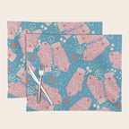 Pink Snowflake Mittens and Hearts on Blue Winter Pattern Placemat Gallery Image 1