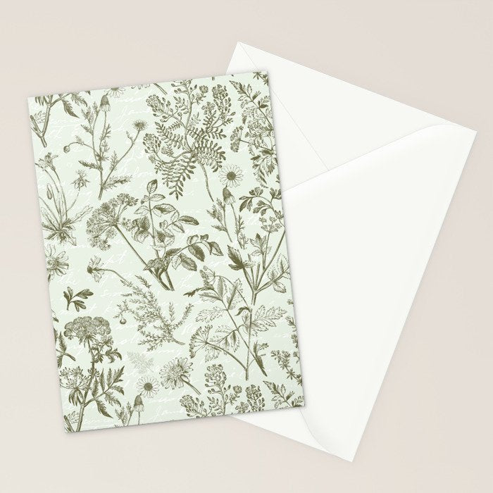 Meadow Floral Herbarium Cottagecore  Botanical Monochromatic Pattern - Pistachio Green  Stationery Card Gallery Image 2