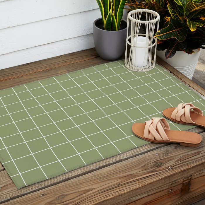 Hand Drawn Grid Green Outdoor Rug Gallery Image 2