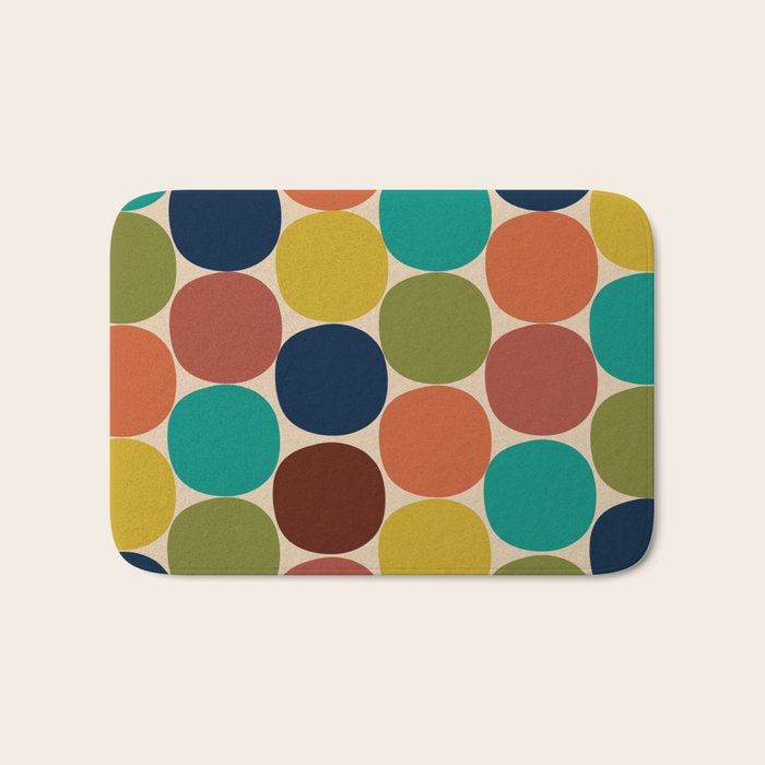 Mod Dots Midcentury Modern Pattern in Mid Mod Turquoise, Orange, Olive, Blue, Mustard, and Beige Bath Mat Gallery Image 1