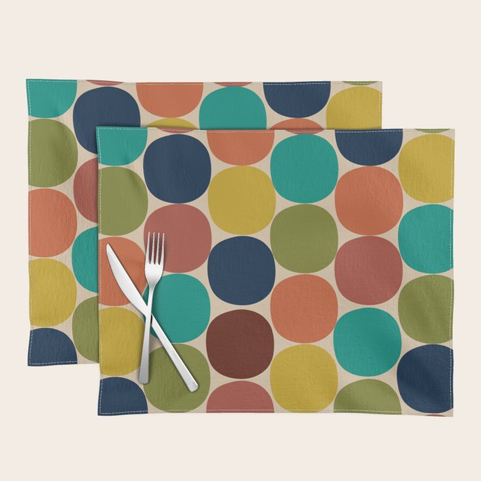 Mod Dots Midcentury Modern Pattern in Mid Mod Turquoise, Orange, Olive, Blue, Mustard, and Beige Placemat Gallery Image 1