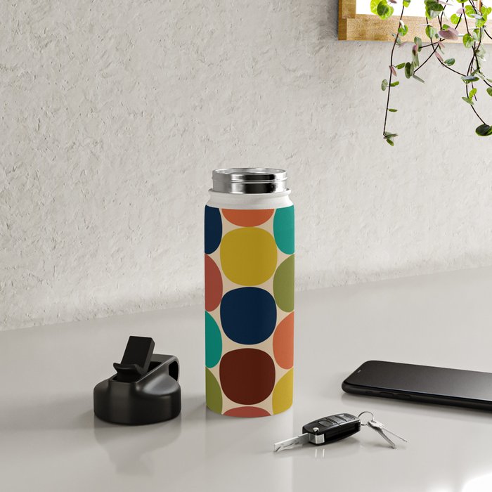 Mod Dots Midcentury Modern Pattern in Mid Mod Turquoise, Orange, Olive, Blue, Mustard, and Beige Water Bottle Gallery Image 4