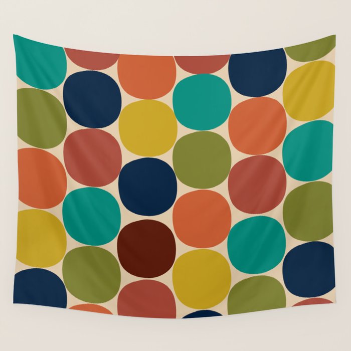 Mod Dots Midcentury Modern Pattern in Mid Mod Turquoise, Orange, Olive, Blue, Mustard, and Beige Wall Tapestry Gallery Image 1