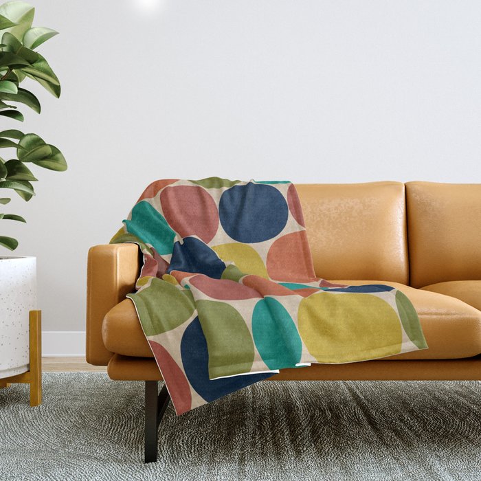 Mod Dots Midcentury Modern Pattern in Mid Mod Turquoise, Orange, Olive, Blue, Mustard, and Beige Throw Blanket Gallery Image 1