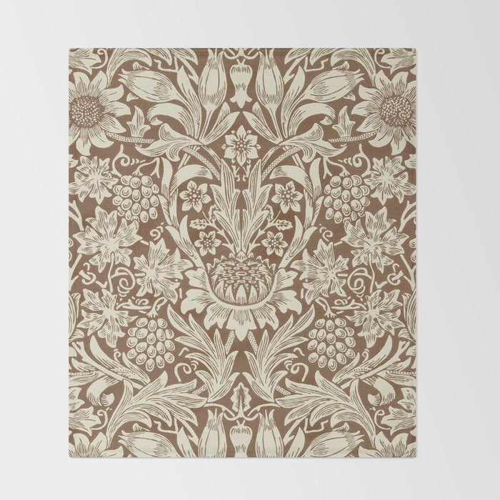 William Morris Sunflower Chocolate Cream Vintage Pattern Throw Blanket Gallery Image 2