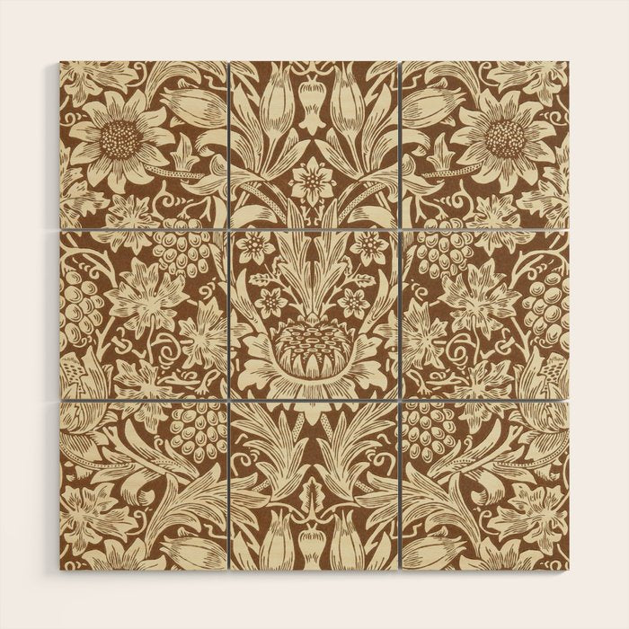 William Morris Sunflower Chocolate Cream Vintage Pattern Wood Wall Art Gallery Image 1