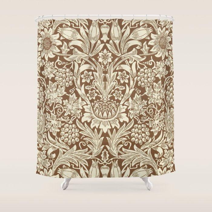 William Morris Sunflower Chocolate Cream Vintage Pattern Shower Curtain Gallery Image 1