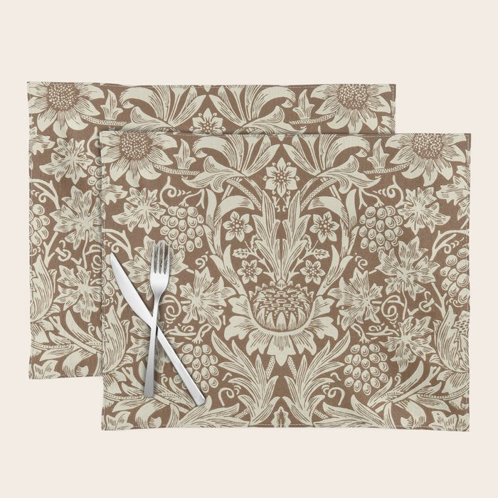 William Morris Sunflower Chocolate Cream Vintage Pattern Placemat Gallery Image 1