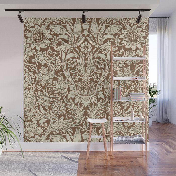 William Morris Sunflower Chocolate Cream Vintage Pattern Wall Mural Gallery Image 1