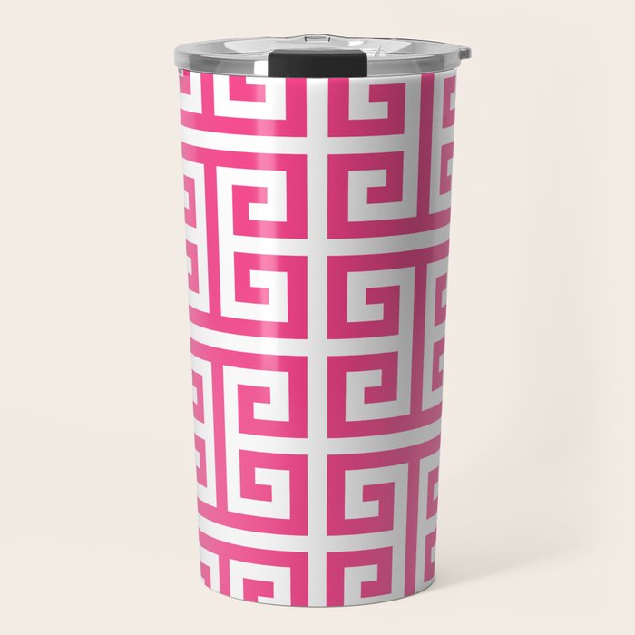 Large Pink and White Greek Key Pattern Travel Mug Gallery Image 1