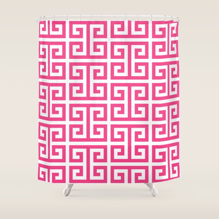 Large Pink and White Greek Key Pattern Shower Curtain Gallery Image 1