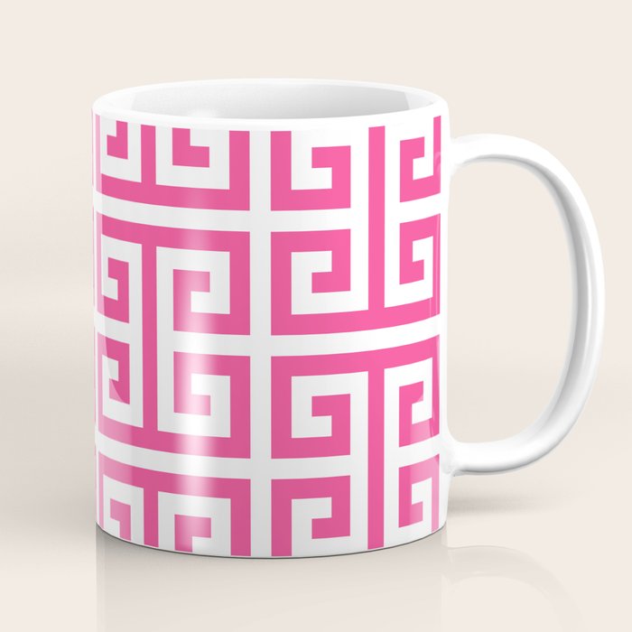 Large Pink and White Greek Key Pattern Coffee Mug Gallery Image 1