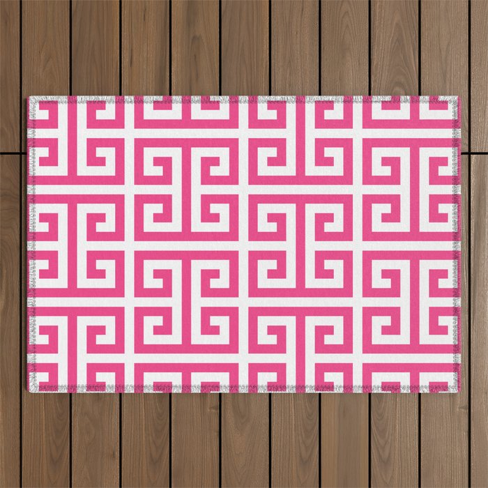 Large Pink and White Greek Key Pattern Outdoor Rug Gallery Image 1