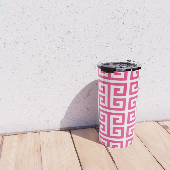 Large Pink and White Greek Key Pattern Travel Mug Gallery Image 4