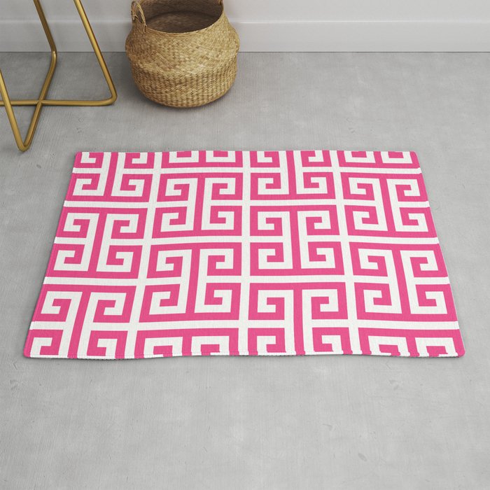Large Pink and White Greek Key Pattern Rug Gallery Image 1