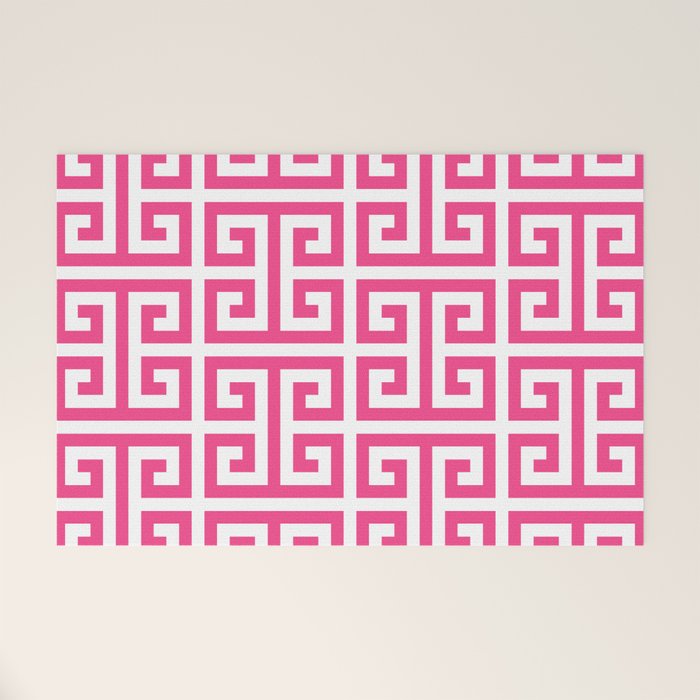Large Pink and White Greek Key Pattern Welcome Mat Gallery Image 1