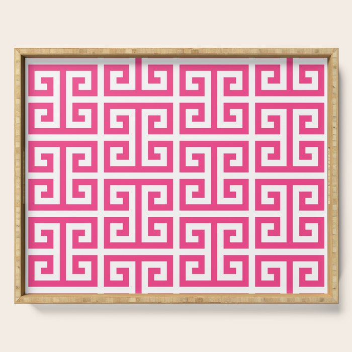 Large Pink and White Greek Key Pattern Serving Tray Gallery Image 1