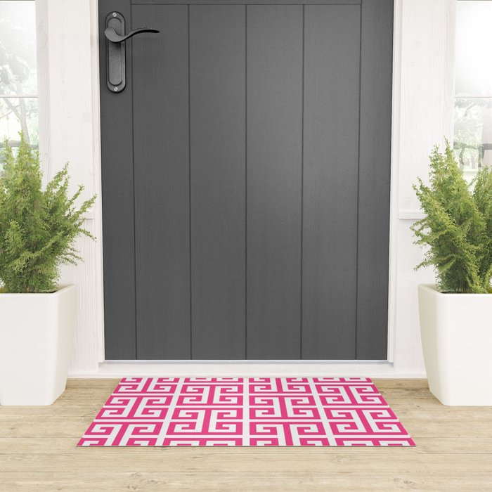 Large Pink and White Greek Key Pattern Welcome Mat Gallery Image 3