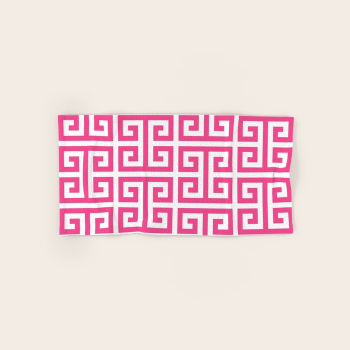 Large Pink and White Greek Key Pattern Bath Towel Gallery Image 1