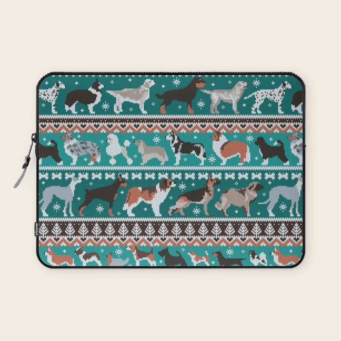 Fluffy and bright fair isle knitting doggie friends // pine and java green background brown orange white and grey dog breeds  Laptop Sleeve Gallery Image 1