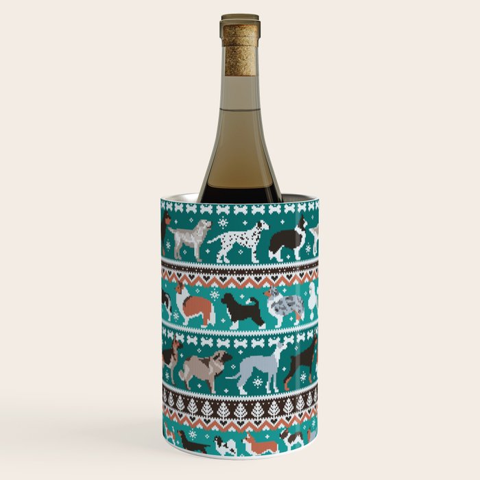 Fluffy and bright fair isle knitting doggie friends // pine and java green background brown orange white and grey dog breeds  Wine Chiller Gallery Image 3